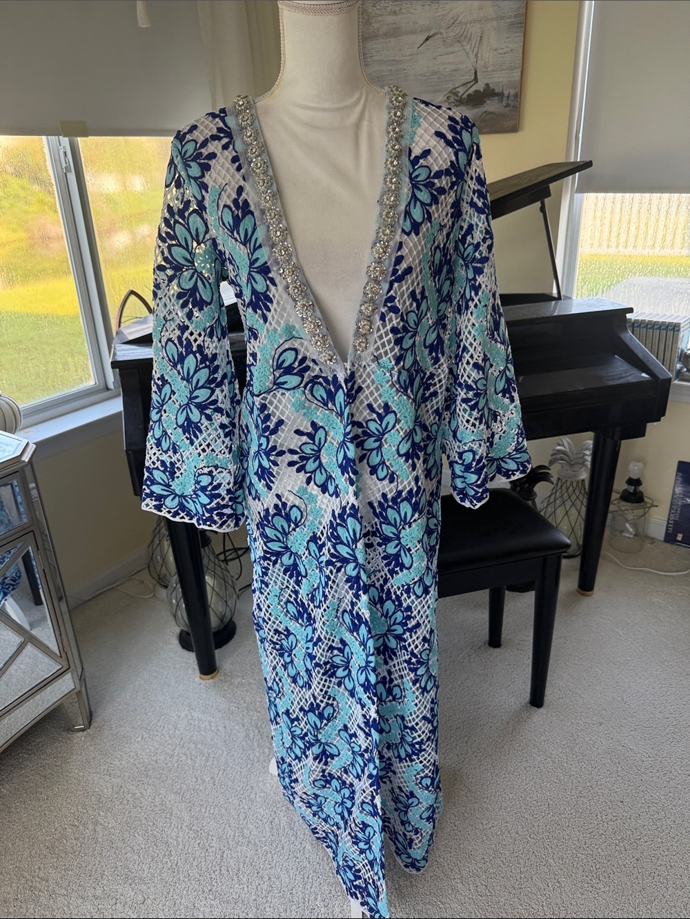 Boston Proper Guipure  evening Resort hostess gown turquoise navy beaded duster